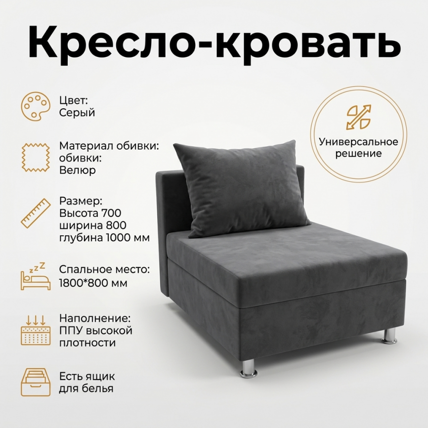 Кресло-кровать «Дали» 80×180 см, темно-серое, с ящиком для белья фото 1